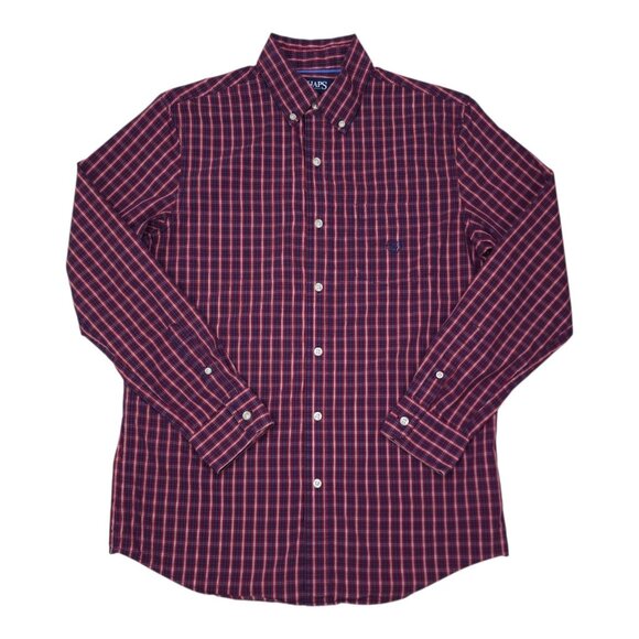 Chaps Stretch Easy Care Red & Navy Plaid Long Sleeve Button-Down Shirt Small - Picture 1 of 7